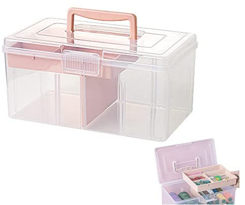 FOREVERIE Clear Plastic Office Supply Art & Craft Storage Box, Sewing Box Organiser Large with a Removable Tray & Adjustable Partition, Portable Travel Makeup Case (Clear & pink)
