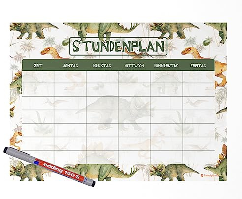 Friendly Fox Dino Stundenplan abwischbar, DIN A4 magnetischer Stundenplan abwischbar zum Aufhängen an Kühlschrank Whiteboard mit Stift