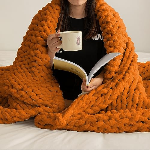 Burnt Orange Chunky Chenille Knit Throw Blanket 50x60 Inch Sofa Bed Couch