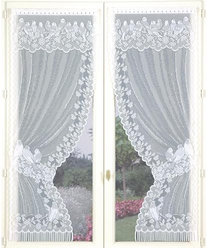 Home Maison - Paire de Rideaux Bonne-Femme Dentelle et Franges - Polyester - Motifs Élégants - Tamisants, Prêts à Poser - Fenêtre, Salon, Chambre - Passe Tringle - 60 x 120 cm - Blanc