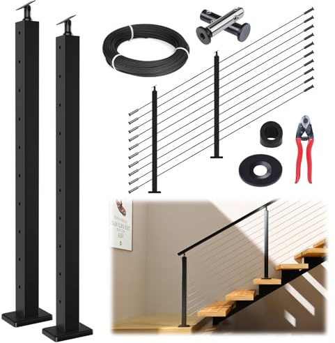 Muzata 5-10FT Modular Black Cable Railing Kit 36 Inch 2 Stair Post Kit Complete Set Cable Railing System for Stairs Length Adjustable Easy DIY with Paper User Guide (No Handrail) RWS1 BA4S