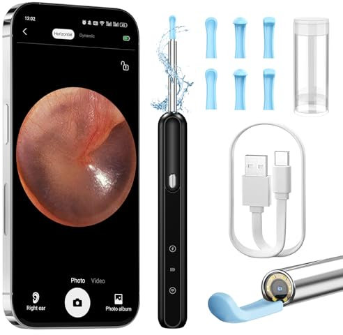 OUTACT Otoscopio 1080P HD Limpiador Oidos Endoscopio con 6 Cucharas para Oído 3,5 mm 6 LED con Cámara de Oído para iPhone, iPad y Android
