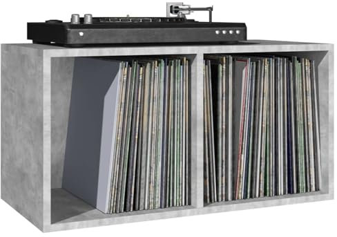Homgoday Caja de almacenamiento LP para discos de vinilo, estante organizador de discos de vinilo, mueble de salón, caja de transporte de hormigón, gris, 71 x 34 x 36 cm, madera de ingeniería