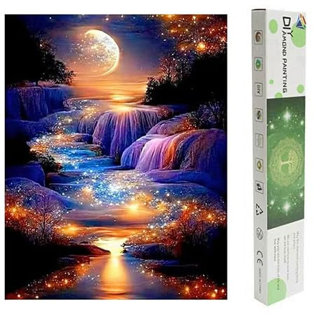 DCIDBEI Square Diamond Painting måne landskap 40 x 50 cm – lysande i mörkret, fullmåne, vattenfall, universum – fyrkantiga stenar landskap
