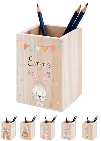 wunderwunsch® - Personalisierter Stiftehalter Kinder aus Holz - Kreativer und praktischer Schreibtisch-Organizer Kinder mit Namen - Perfektes Einschulung Geschenk und Geburtstag (Hase)