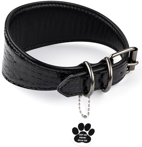FAVPET Luxus Echtleder Windhund Halsband Breit mit QR Code Anhänger, Weiches Lederhalsband Hund Breit Whippet Italienisches Windspiel Saluki Lurcher Spanischer Galgo Greyhound Podenco (Schwarz, L)