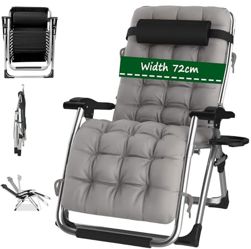 Klappbar Liegestuhl-Sonnenliege Relaxliege mit Kopfstütze und Getränkehalter Gartenliege Lehnender Schwerelosigkeits-Stuhl Wohnzimmer Verstellbar für Garten Balkon (mit grauem kissen, 1 pack)