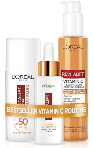 L'Oréal Paris Vitamin C Duo: Vitamin C Serum, Anti-UV Fluid & Reinigungsschaum - Gesichtspflege gegen erste Anzeichen der Hautalterung - Revitalift Clinical, 3-teiliges Set