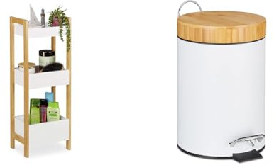 Relaxdays Badregal mit 3 Körben, Standregal Bambus & MDF & Mülleimer Bad, 3 l, Kosmetikeimer mit Absenkautomatik, Bambusdeckel, entnehmbarer Inneneimer, Treteimer, weiß, 1 Stück