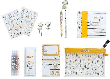 Grupo Erik Peanuts Snoopy Schreibwaren Set Mäppchen mit Kugelschreiber | Bleistift mit Radiergummi - Federmäppchen Groß - Büroklammern - 4 Textmarker - Notizzettel Klebend Snoopy Fanartikel