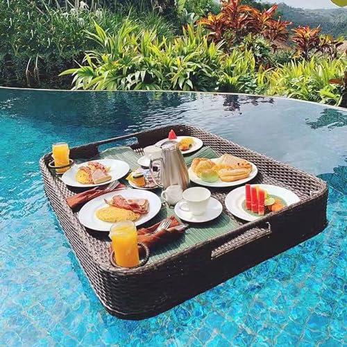 LAMEDOAT Schwimmendes Frühstückstablett aus Rattan, rechteckig, extragroß, schwimmender Wassertisch, schwimmender Tabletttisch für den Swimmingpool, für Pool- und Strandpartys (Farbe: Braun, 100 x 50