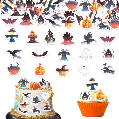 GoldRock Halloween Essbare Tortendeko - 60 Stk Hexen Kürbis Horror Deko, Fledermaus Geist Esspapier Kuchendeko, Spinne Muffin Cupcake Topper