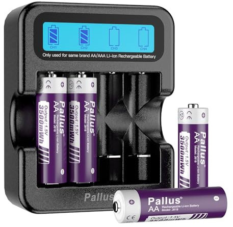Rechargeable AA Lithium Batteries, High Capacity 3500mWh, Double A Lithium Batteries Rechargeable, 2-Hour Fast Charge, with 4-Slot LCD Charger, for Toys, Radio, Smoke Alarms, Camera (4 Pack)