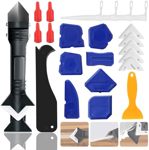 Caulking Tool Kit,Caulk Remover Tool,3 in 1Silicone Caulking Tool Kit, Grout Scraper, Reuse and Replace 5 Silicone Pads, Bathroom, Kitchen, Floor, Window, Sink Joint, Frames Seal Tools (23 PCS)