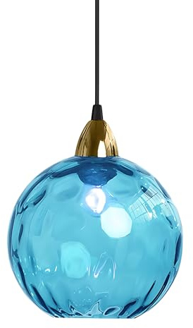 XIRYTU-H 15cm Lámpara Colgante de Bolas Vintage Industrial, E27 Lámpara de Techo Colgante, Acabado en Oro y Pantalla de Vidrio Cristal Ondulado Globo, Dormitorio Lámpara de Araña (Azul celeste, 15CM)