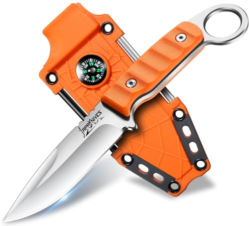 Japaknives Klein Outdoor Messer 9cm Feststehende Klinge G10 Griff, Orange | Vielseitige Scheide mit Kompass, Full Tang Campingmesser für Angeln Bushcraft Wandern, Männer Geschenk