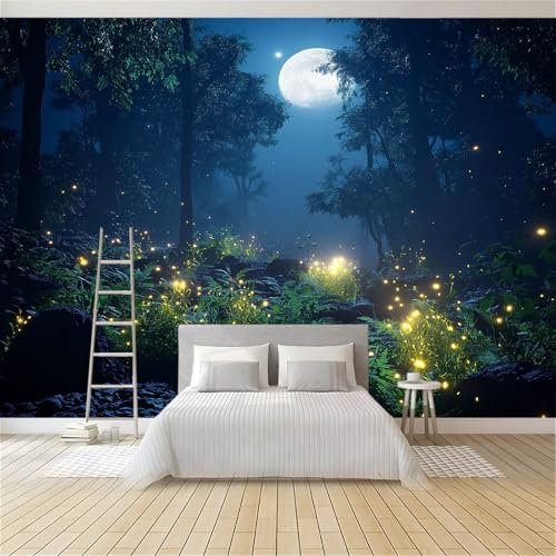 Carta da Parati Fotografia Foresta Notturna Luna Piena Lucciole 300 x 210 cm Fotomurali Moda Decorazione da Muro Poster Carta da Parati Murale 3D per Soggiorno Ufficio Cameretta Bambini