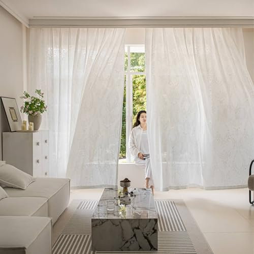 Wycian Gardienen Gardinen Weiss Voile 2er Pack Jacquard-Blumenmuster H244 x B107 cm (2er Pack) Polyester