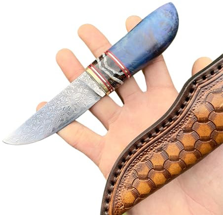 Obespina Couteau Artisanal Insert Fossile Lame Fixe Acier Damas Manche Bois Stabilisé Bleu Collection Custom Cadeau Homme Suminagashi VG10 Étui cuir Style Japonais tranchant forge fait main