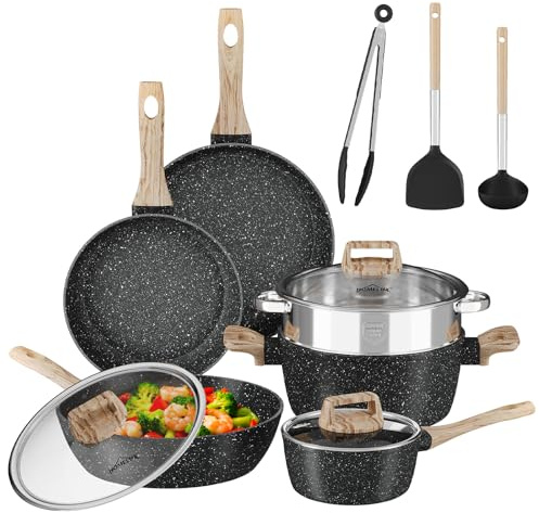Topfset, HOMELUX Induktion Töpfe Set, 12-teilige Aluminium Topf und Pfannenset, Antihaft Topfset Induktion, Kochgeschirr Set mit Deckel, Töpfe & pfannen set PFOA & PFOS-freie, Schwarz