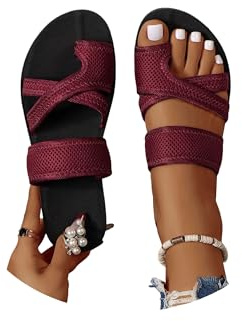 Sandaler kvinnors sommar bekväma, ortopediska flip-flops stor tå Hallux Valgus skor bekväma sommarsandaler för kvinnor, Vinrött, 6.5 UK Wide