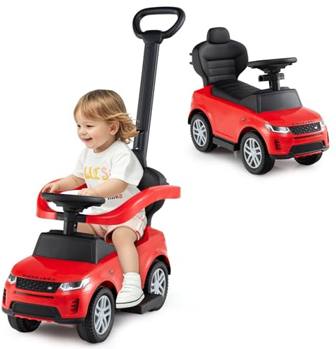 GOPLUS 3 en 1 Porteur Bebe Range Rover Discovery, Pousse Pousse avec Poignée Auvent Réglable, Garde-Corps, Klaxon, Bruit de Moteur, Rangement, Poussette Jouet pour Enfant 1,5-3 Ans,Charge 25KG (Rouge)