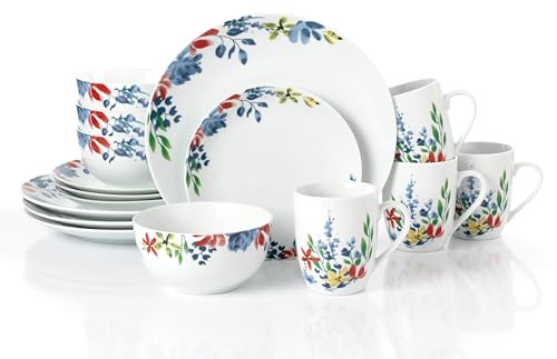Waterside 16pc Watercolour Floral Porcelain Dinner Set; 4 Dinner Plates, Side Plates, Deep Bowls and Mugs - Dishwasher & Microwave Safe