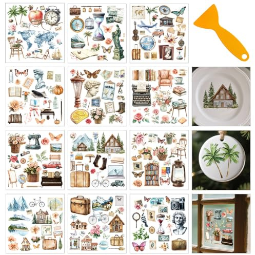 GOMAKERER 12 Blatt Lifestyle Objects Rub On Transfers Für Kunsthandwerk Und Möbel, 12 Stile Pflanzen Bücher Statue Rub On Transfer Aufkleber PVC Rub On Decals Für DIY Home Fenster Craft Decor