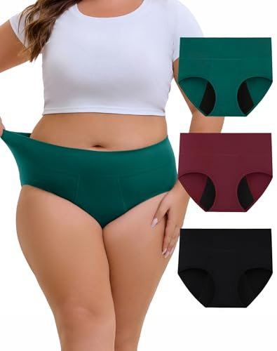INNERSY Women's Period Underwear Plus Size Heavy Flow High Waisted Cotton Leak Proof Menstrual Panties 3-Pack (XX-Large, Regal Shadows)