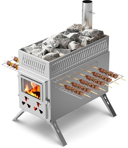 MOPHOTO Poêle à bois pour sauna, fusée, camping, avec 8 tuyaux de cheminée en acier inoxydable, portable, pliable pour tente, chauffage extérieur, cuisine, pêche sur glace, chasse (46 x 25 x 27 cm)