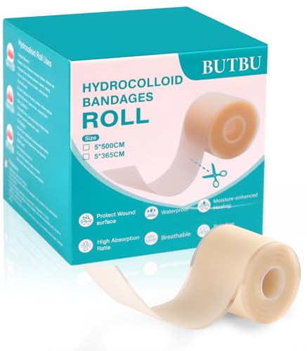 BUTBU Hydrokolloid plåsterrulle 5 x 500 cm, självhäftande vattentät hydrokolloid sårplåster, andas, hudvänlig, för exsudatsår, bubblor, akne, ytlig sårvård