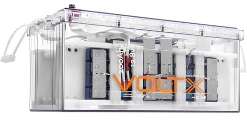 VoltX 12.8V 200Ah LiFePO4 Batterie, Selbsterhitzende Lithium Batterie mit 200A BMS, 4000+ Zyklen, Max. 2560W mit Transparentem Gehäuse & TÜV-Zertifikat, Ideal für Wohnmobil, Solar