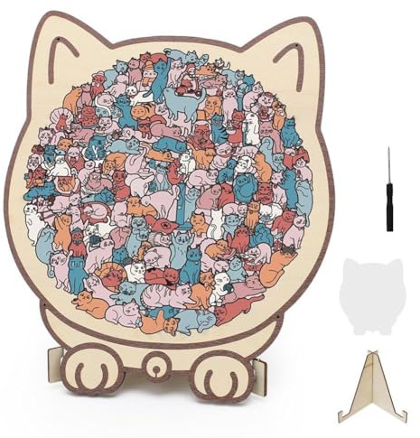 CEWROM Katzenförmiges Puzzle, 135 Teiliges Morandi Farben Holzpuzzle Erwachsene, Unregelmäßiges Katzen Puzzle mit Katzenförmiges Rahmen, Kreatives Holzpuzzle Geschenk für Kinder, Katzenliebhaber