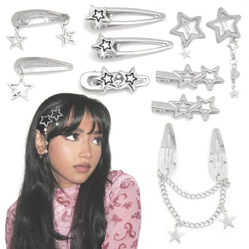 Stern Haarspangen für Damen, 10 Stück Y2K Haarspangen, Kleine Haarklammer aus Metall, Silberner Haarschmuck, Hair Clips, Kawaii Hair Accessories für Mädchen Damen Partys Festival Konzert Alltag (A)