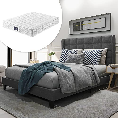 vutizal Sängklädsel, sängram, enkelsäng, dubbelsäng, 140 x 200 cm, grått linne | 7-zons madrass, ribbotten, sänggavel | komplett set H3 hårdhet | Modern konstruktion