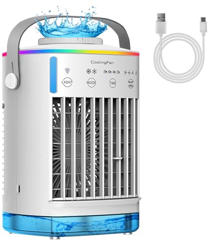 Portable 5-in-1 Air Cooler Fan,Dual Ice Mist Cooling,7-Color Light,12H Timer,Ultra-Quiet Mini AC for Home Office Desk Bedroom,USB Cable