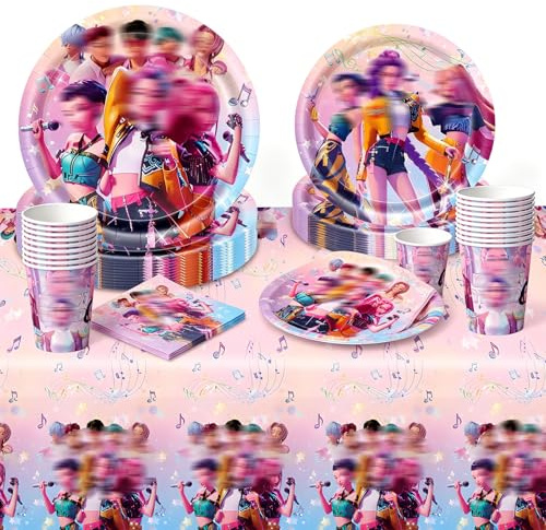 52 Pcs Demon Birthday Decorations, Party Decorations Paper Plates Cups Napkins and Tablecloth, Party Tableware Set for 10 Guests