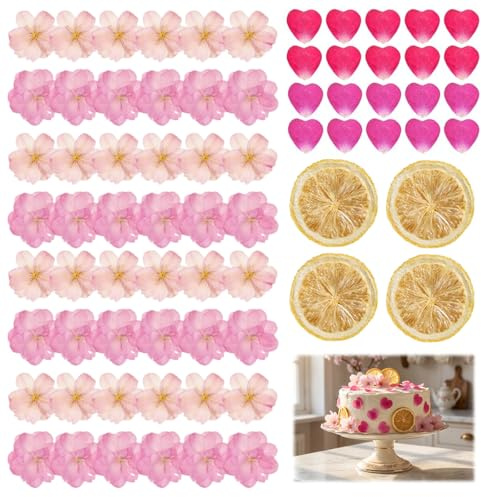 Celblisora 72 Stück Natürlich Getrocknete,Gepresste Essbare Blüten für Tortendekorationen und Cocktails,Rosa Kirschblüten,Herz Rosenblättern,Getrockneten Zitrusfruchtscheiben