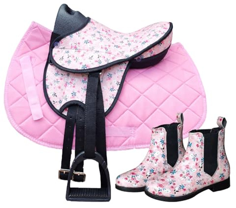 Brama West Kinder Shettysattel Set „My Happy Pony“ mit passenden Kinder-Reitstiefeln | Holzpferdsattel inkl. Satteldecke, Gurt & Steigbügel | Rosa Blumenmuster (Sattel Flower/Decke Rosa, 35)