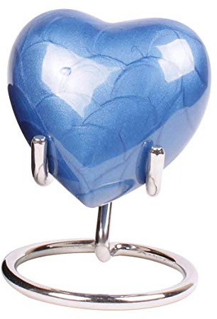 Urna de cremación pequeña de Aluminio con Forma de corazón para Cenizas con Tapa Mejorada, Mini urna Conmemorativa de corazón con Caja y Soporte (Aluminio Azul)