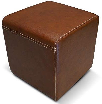 Quattro Meble Braunes Glanz Echtleder Hocker 40x40x40 cm Sitzhocker Rindsleder Sitzwürfel Fußhocker Polsterhocker Puff Echt Leder Antique Tabac mit Ziernähten in cremefarben