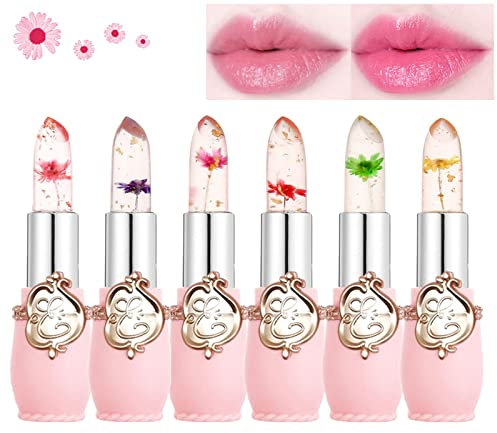 Clear Flower Jelly Lippenstift, 6 Packungen nahrhafte Feuchtigkeitscreme Lippenbalsam Temperatur Farbwechsel Lippenstift Matt Langlebiger Lipgloss (Pink-6, M)