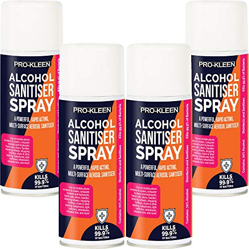 Pro-Kleen Alcohol Sanitiser Spray Antibacterial (4 x 400ml) - 70% Alcohol Kills 99.9% Bacteria - Perfect for Phones, Worktops, Trolleys, Keyboards, Light Switches & More (4 x 400ml)