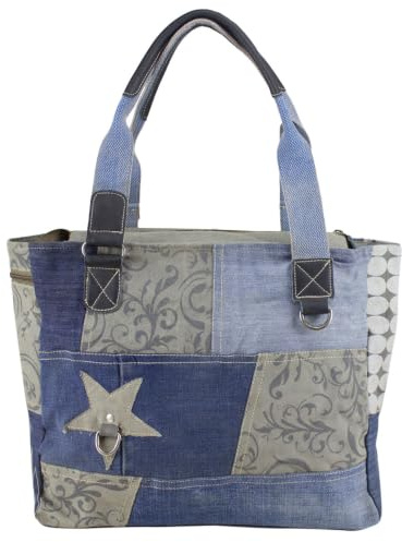 Sunsa Handtasche. Damen Tasche. Große Damentasche. Nachhaltige Shopper. Schultertasche aus recycelte Jeans Stoff & Canvas in Retro Vintage Stil | Große Damentasche in Retro Vintage Stil, Patchwork Tasche, Schultertasche mit Reißverschluss, Jeanstasche DIN A4 geeignet