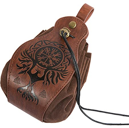 HiiFeuer Medeival fodral i konstläder, Portabel handväska med dragsko,Vintage Bälte Pouch Tärning Väska För LARP Ren Faire (Brun)