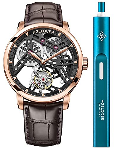 agelocer Herren-Armbanduhr, doppelseitig, hohl, Tourbillon, handbetrieben, mechanisch, Leder, Nk_9001d2, Armband