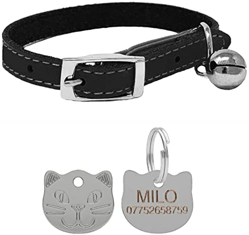 Echtleder-Katzenhalsband mit Sicherheitsgummi und Glöckchen, mit personalisierbarer Gravur, Katzengesichtsmarke (schwarz)
