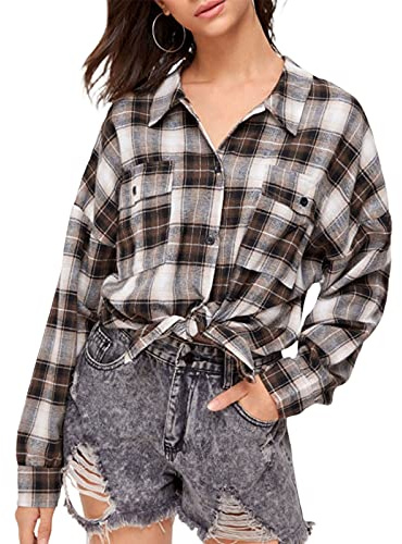 Y2k Chemise à carreaux à manches longues avec col rabattable et boutons pour femme, marron, XS