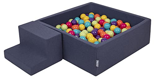 KiddyMoon Spielplatz Aus Schaumstoff Mit Quadrat Bällebad (100 Bälle) Ballgruben Für Babys Spielbad Hindernisläufen, Hergestellt In Der EU, Dunkelblau:Helgrün/Gelb/Türkis/Orange/Dpink/Violet