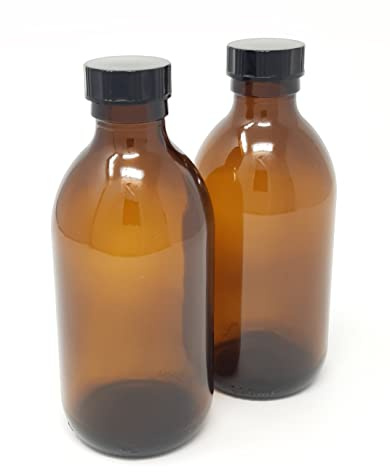 250ml AMBER Glass Bottles with BLACK Lids - PACK of 2